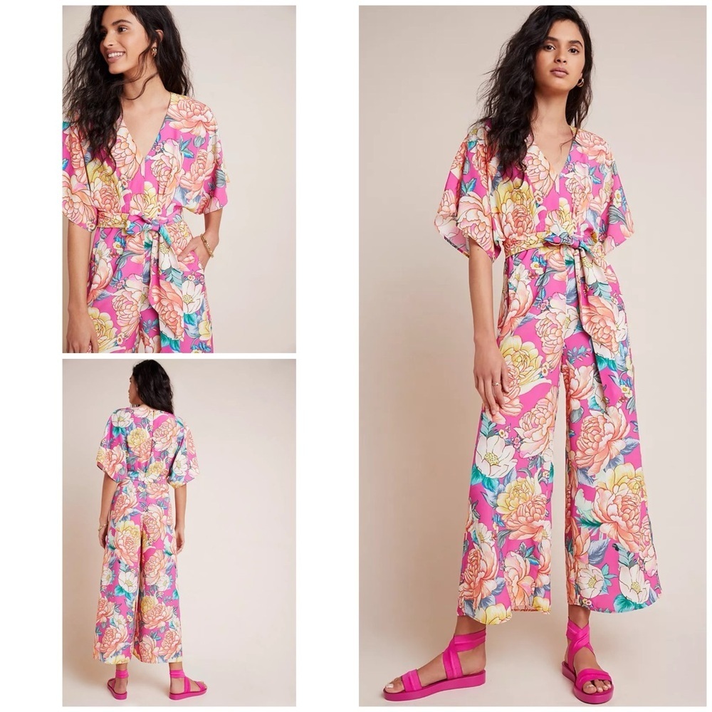 EUC Anthropologie Farm Rio Eulalie Wide-Leg Floral Magnolia Flower Jumpsuit​​